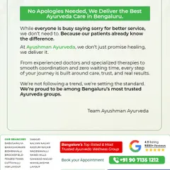 This is our brand promise. While others may apologize for service lapses, we focus on setting the standard for Ayurveda care. From experienced doctors to zero waiting time, we deliver on our promise of healing, trust, and real results.
