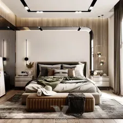 This master bedroom exudes modern elegance with its clean lines and sophisticated material palette. The design features a floor-to-ceiling mirrored wardrobe, a plush upholstered bed, and warm wood accents for a luxurious feel.