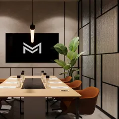 A render of a contemporary conference room designed for collaboration. The space features a large presentation screen, a minimalist conference table, and comfortable seating, all enclosed by a sleek, black-framed glass wall to maintain an open feel.