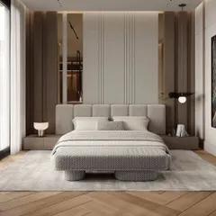 A masterclass in texture and lighting. This bedroom design uses a combination of wood paneling, fabric headboard, and integrated mirror panels to create a layered and luxurious feel.