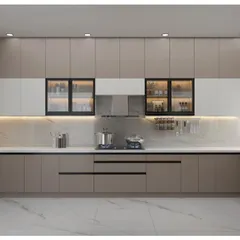 This render provides a full perspective of a large kitchen layout, showing how different elements like the chimney, hob, and storage units come together in a harmonious design.