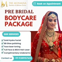 Get ready for your big day with our pre-bridal bodycare package. It includes luxurious treatments like a Gold Hydra Facial, BB Glow polishing, and face and bikini laser hair removal.