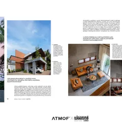 A page from the feature showing the home's exterior and the double-height living room, with text in Malayalam detailing our design process.