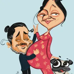 A tender moment captured in this maternity caricature for an expecting couple and their pug. It's a sweet way to announce a pregnancy or to remember this special time in your lives.