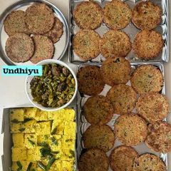 A simple and wholesome meal of Masala Bhaakri, Undhiyu, and Khaman Dhokla.