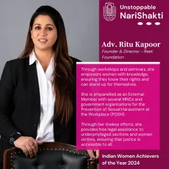 Another graphic from the 'Unstoppable NariShakti' series, detailing my work in providing free legal assistance and conducting POSH workshops for MNCs and government organizations.