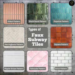 Faux subway tiles offer the classic look of subway tile but in a large, easy-to-install format. This chart shows various patterns you can achieve, from modern Kitkat and Popsicle styles to timeless Herringbone and Brick patterns.