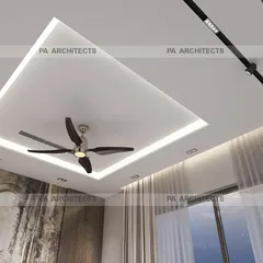 A detailed look at the ceiling design for the master bedroom. The recessed cove lighting provides a soft glow, while the modern track lights offer focused illumination, adding layers and depth to the room's design.