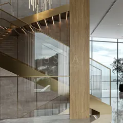 I believe staircases should be more than just functional; they should be sculptural art pieces. In this villa, the staircase is a central feature, combining polished marble, warm veneers, and shimmering golden accents. It’s designed to draw the eye upward and create an experience of layered luxury as you move through the home.