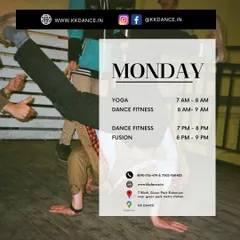 Plan your week with us. Our Monday schedule includes morning Yoga, Dance Fitness, and evening Fusion classes to start your week on a high note.