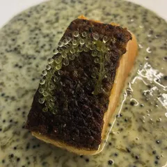 A beautiful piece of pan-seared salmon with crispy skin, served in a creamy sauce with tobiko for a pop of texture.