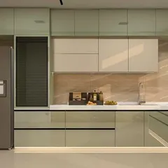 A 3D render of a luxurious kitchen featuring high-gloss, light green cabinets and a smart refrigerator. This design phase allows us to perfect the color palette and appliance integration for a cohesive and modern look.