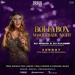 A poster for a 'Bollybox Masquerade Night'. These events add a touch of mystery and elegance to the party, with everyone hiding behind a mask while dancing to their favorite Bollywood and Punjabi tracks.