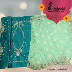 Here is a flat lay showcasing two distinct pieces from my collection. On the right, a mint green saree with paisley butis, and on the left, a teal blouse piece with intricate embroidery, demonstrating the variety I offer.