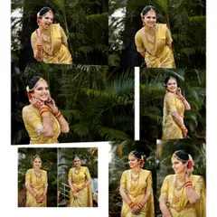 A dynamic photo collage capturing the many moods of the bride in her golden wedding saree, from laughter to elegant poses.