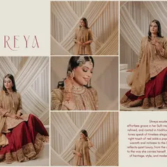 A beautiful collage of bride Shreya from the Sufi night. Her refined, flowy outfit and the soft, neutral tones of the decor create a look of timeless elegance and quiet luxury.