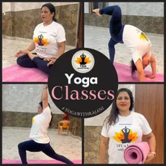 A collage showcasing various yoga poses and promoting my classes with the hashtag #Yogawithrajani.
