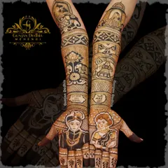 This full bridal mehendi is a storybook on hands. It features detailed portraits of the couple, their names, and various traditional symbols that are meaningful to their relationship.