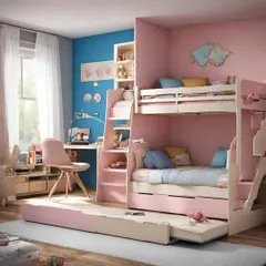This shared kids' room was designed for maximum space efficiency in an apartment. The custom bunk bed includes a pull-out trundle, integrated shelving, and a small desk, providing equal opportunities for study and play for a brother and sister.