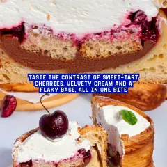 A single bite of my Cherry Trifle offers a contrast of sweet-tart cherries, velvety cream, and a flaky croissant base. It's a complex and satisfying dessert.