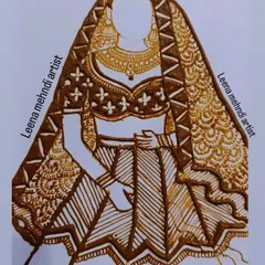 The completed faceless bride figure, a popular style in modern bridal mehndi. The focus here is on the ornate clothing and jewelry, with detailed patterns on the dupatta and blouse.