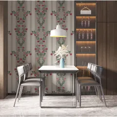 This wallpaper combines classic vertical stripes with a delicate floral vine pattern. It's a beautiful and elegant choice for a dining area, adding a touch of formal charm.