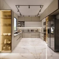 A spacious U-shaped kitchen with beige cabinets, marble-finish flooring, and glass display shelves. The track lighting on the ceiling ensures the entire space is well-lit.