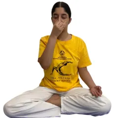 A clear demonstration of the alternate nostril breathing technique. Our workshops break down each step so you can confidently practice at home to balance your energy.