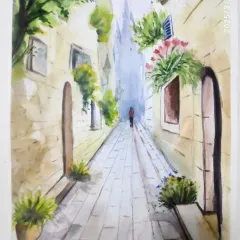 A beautiful watercolor landscape by Harinder ma'am from our hobby class. Her painting of a quiet European alley shows a wonderful sense of perspective and atmosphere.