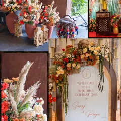 A closer look at the rustic and warm decor for the welcome event. We used pampas grass and burnt orange florals in earthen vases, along with a personalized welcome sign to greet guests at the Alila Diwa, Goa.