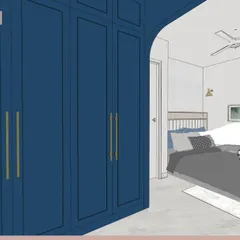 This bedroom has us feeling blue, in the best way possible! This 3D render shows our plan for a bold wardrobe, sleek gold handles, and cozy bedding, creating the perfect space to relax and recharge.