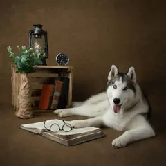 This studious Siberian Husky looks right at home among books and a classic lantern. This rustic setup is perfect for creating a warm, narrative-rich portrait that highlights your pet's calm and intelligent nature.