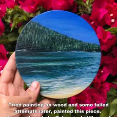 Throwback to 2019 and one of my first times painting on a wood slice. I was so inspired by this scene from Lake Tahoe, and this piece is still one of my favorites. It was a big learning curve, but it helped shape the kind of art I love to create today.