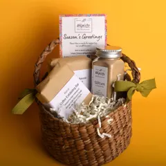 Here is a corporate gift basket we created for VIP Clothing Limited for their Diwali gifting. This hamper features our coffee exfoliating soap and a jar of our traditional Ubtan, all nestled in a reusable, handwoven basket.