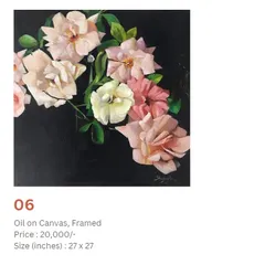 An oil painting of delicate pink and white roses set against a dramatic dark background. This contrast makes the flowers pop, creating a moody and sophisticated piece of floral art.