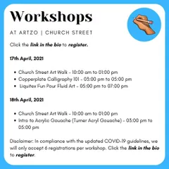 A schedule of workshops, including my Liquitex Fun Pour Fluid Art session. I collaborate with art supply stores to offer specialized classes.