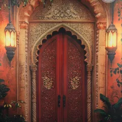 An ornate and richly colored backdrop featuring a traditional Indian door and lanterns, perfect for festive or culturally themed photoshoots.
