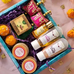 Here is one of my beautifully arranged Diwali Hampers, ready to be gifted. It contains a mix of my best products, including Sugandhi Ubtan, Abhyang oil, Herbal Shampoo, and even some festive treats.
