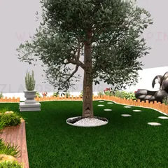 Another perspective from our 3D design software, giving a realistic preview of the garden's look and feel, including trees, water features, and lawn areas.