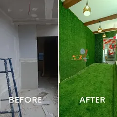 See how I can take a space from a bare construction site to a fully green room. This before and after shows a complete interior makeover using high-quality artificial grass for both the floor and walls, creating a unique and immersive environment.