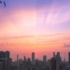 Birds flying through a spectacular pastel-colored sunset over the Mumbai skyline, with sun rays breaking through the clouds.
