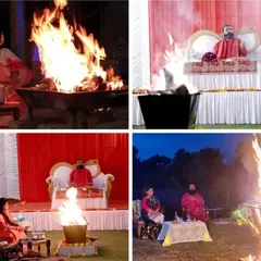 A collage showcasing different aspects of our fire meditation events. These images capture the scale and intensity of the ceremony, from the large Havan Kund to us guiding the participants in a group setting.