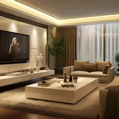 A luxurious living room featuring a floating white media console against a textured wall panel. The design incorporates cove lighting in the ceiling and spotlights to create a warm, inviting ambiance perfect for movie nights.