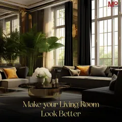 Another tip to make your living room look better. This image shows a dramatic, high-contrast space. We believe in creating a mood, and the right combination of furniture, lighting, and decor is key.