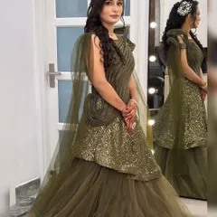 A unique olive green and gold gown, perfect for an engagement party. I created a modern look with soft waves and subtle makeup.