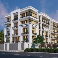 This neoclassical apartment building features strong vertical lines created by classical pilasters and repeating window patterns. The design maintains a stately and elegant presence while providing modern living spaces.