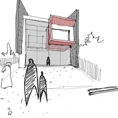 A conceptual sketch for "Villa 38," exploring the relationship between solid and void with a projecting red volume. This drawing is a crucial first step in defining the architectural massing and character of a project.