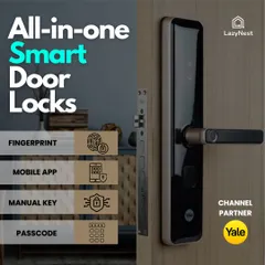 As an official channel partner for Yale, I provide all-in-one smart door locks that offer multiple access methods. This image breaks down the options: fingerprint, mobile app, a manual key for backup, and a passcode.