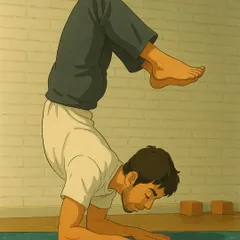 A student practices Pincha Mayurasana, reimagined in the gentle, soulful style of a Studio Ghibli animation. This is the art of balance, where stillness and storytelling meet.
