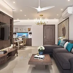 A perfect blend of vintage charm and modern comfort. This living room features a classic carved wood TV unit and a comfortable L-shaped sofa, creating a cozy space with a view of the dining area's beautiful aquarium.
